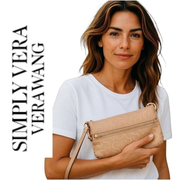 Simply Vera Wang Neutral Fold Over Zip Wallet Pouch Bag Clutch Cosmetic Wristlet - Picture 1 of 10